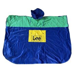 VTG Lee Snap Buttons Green Hooded Pocket Nylon Wind Rain Poncho Jacket One Size